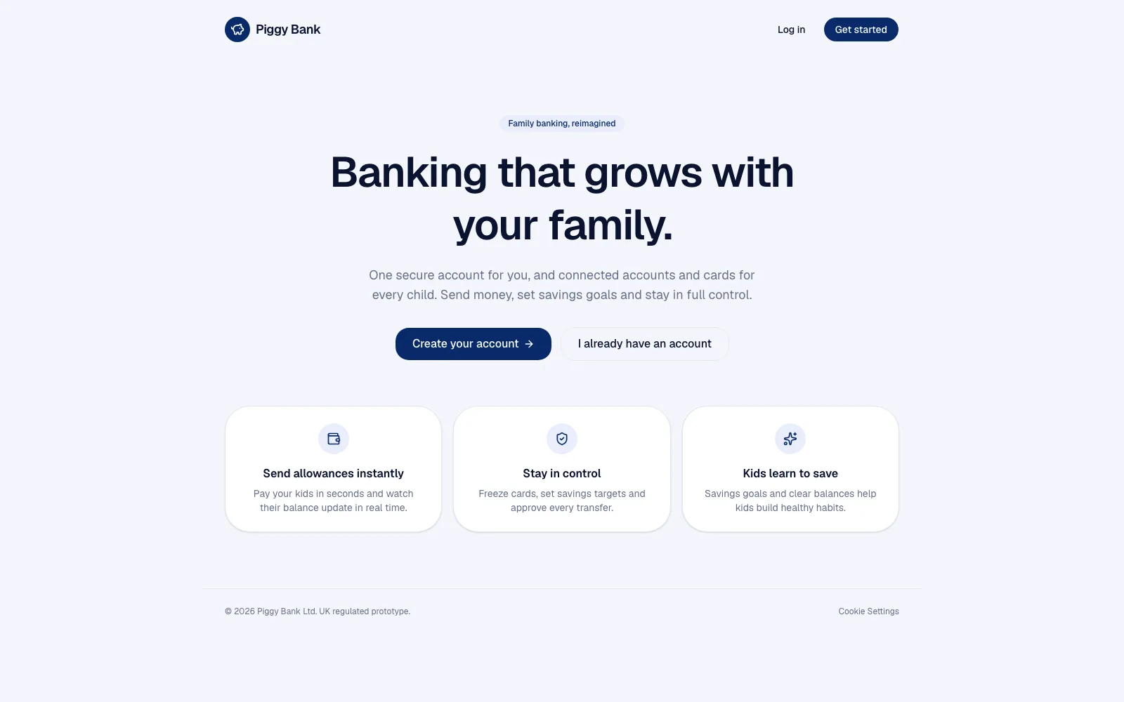 Piggy Bank youth digital banking prototype landing page
