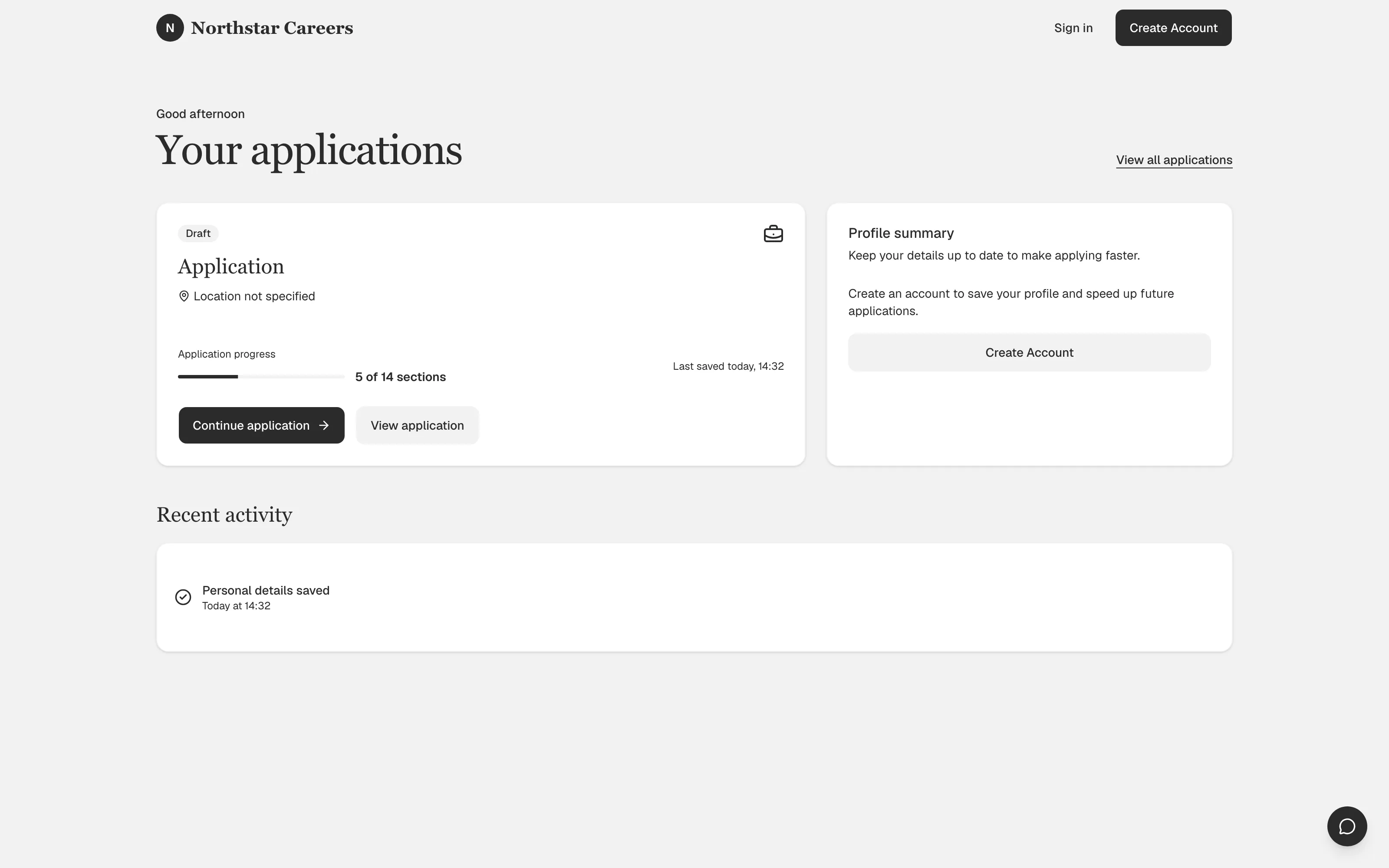 Northstar Careers dashboard showing an in-progress job application with a 5 of 14 sections progress bar and recent activity feed