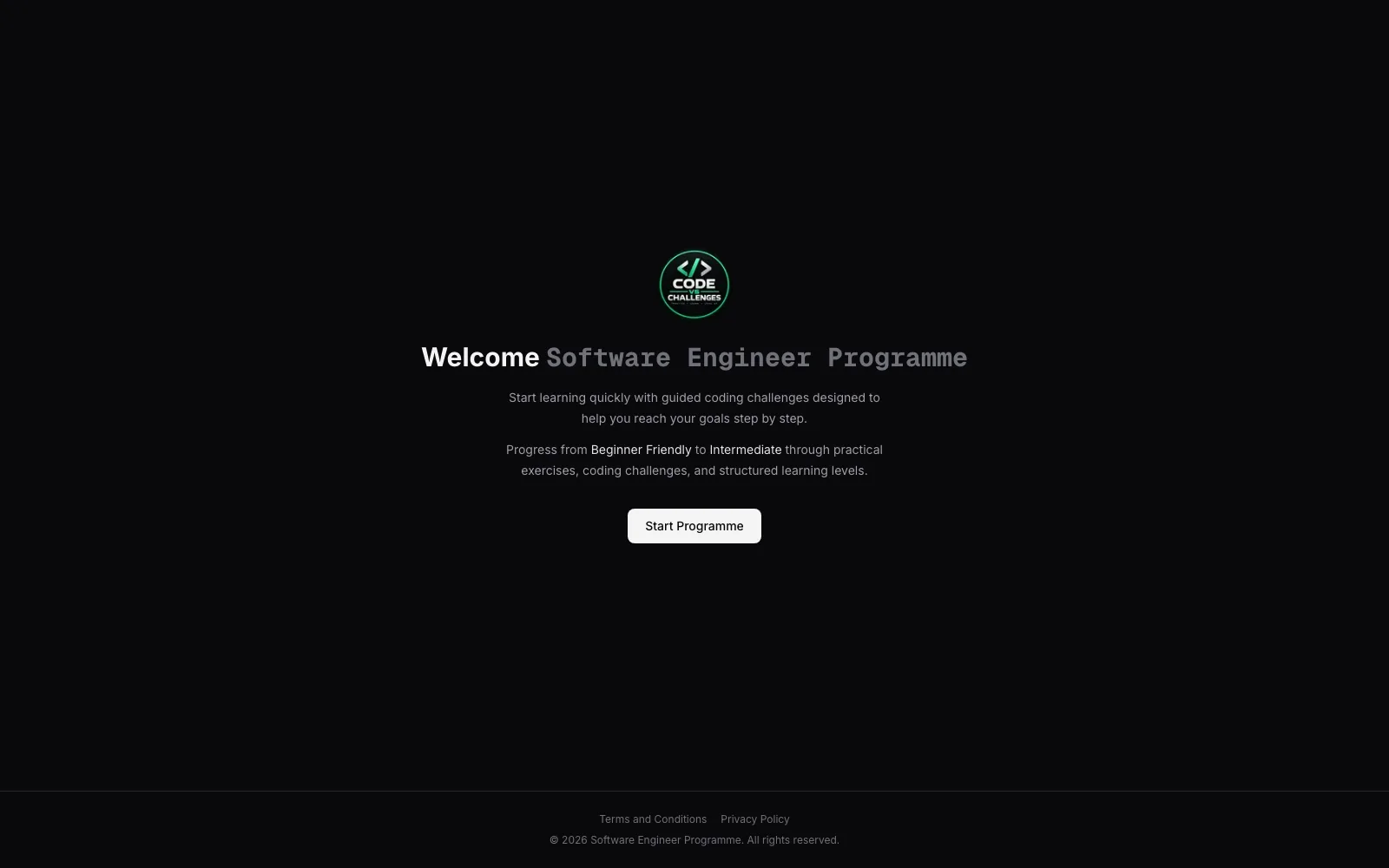 Coding Challenge Assessment welcome screen for the Software Engineer Programme with a Start Programme call to action