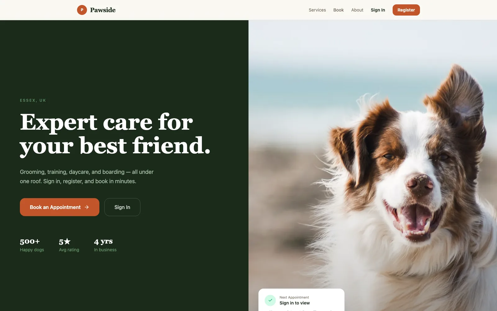 Pawside dog booking system landing page with appointment booking call to action