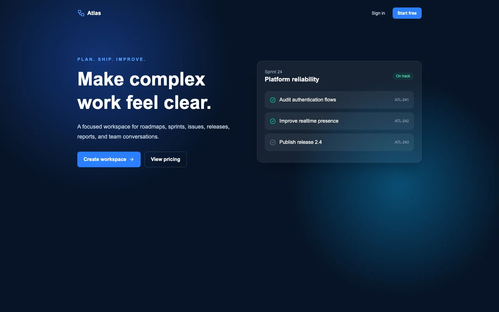 Atlas project management application dashboard showing sprint tasks and status