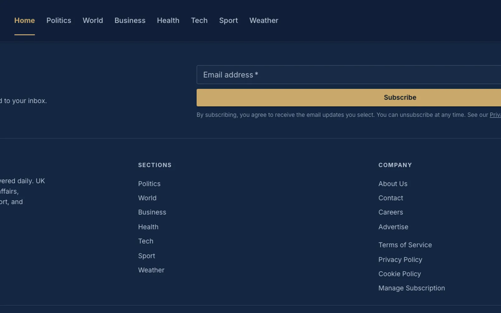 The Daily Wire news application header navigation and newsletter footer